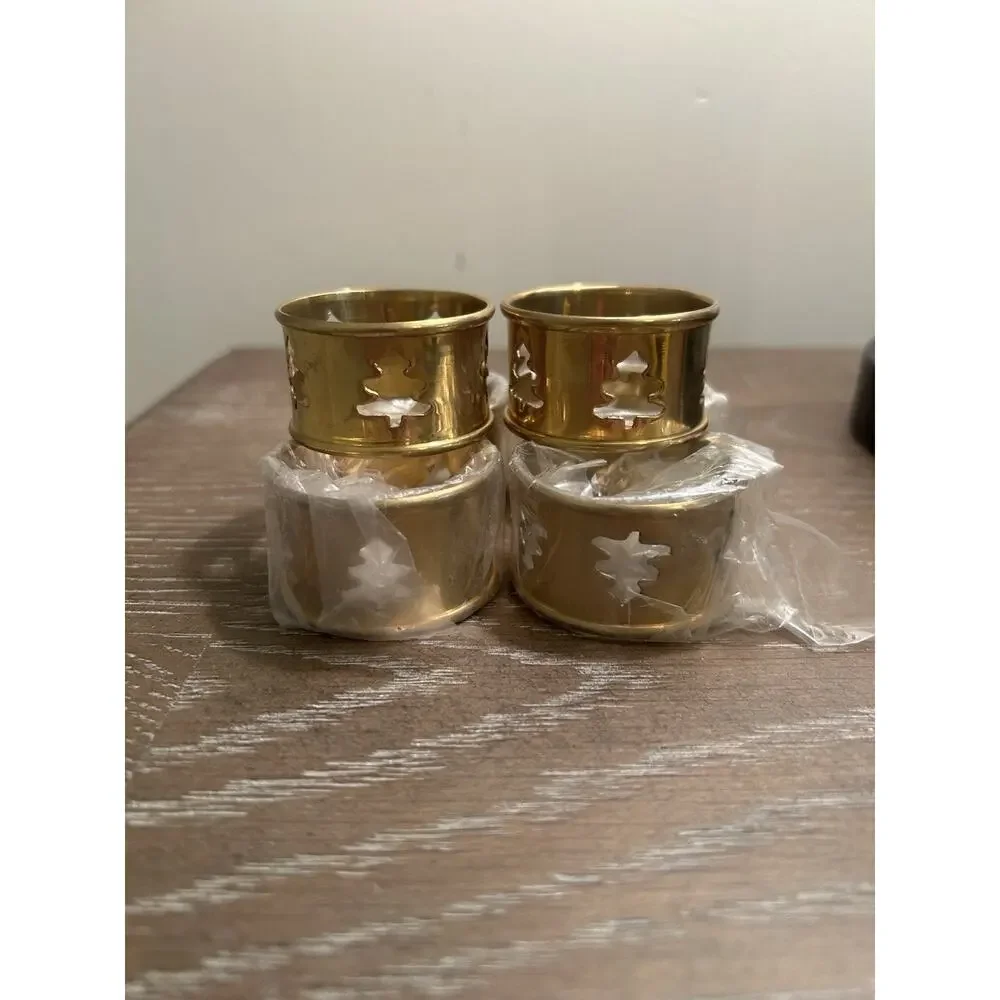 Vtg Brass Christmas Tree Napkin Rings set of 6 Dining‎ Table Linen Decor Holiday